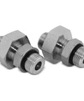 Side view of two silver hydraulic couplers with hex nuts, black O-rings, and male-threaded ends.
