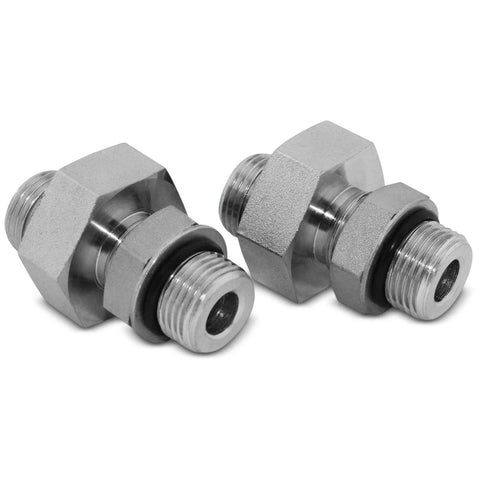 Side view of two silver hydraulic couplers with hex nuts, black O-rings, and male-threaded ends.