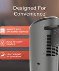Back view of 1500W Ceramic Tower Space Heater With Remote, Thermostat, Timer And Wide Oscillation, showing remote storage.