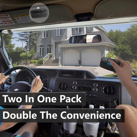 View from car with driver using Two Pack Universal Garage Door Opener Remote SM24 MAX For Sears Craftsman LiftMaster Chamberlain.
