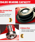 Close-up of heavy-duty electric trolley non-serrated steel wheels and balance gear, 2204 lbs bearing capacity description