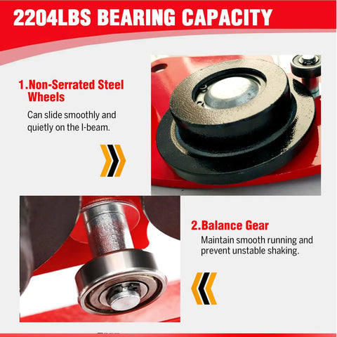 Close-up of heavy-duty electric trolley non-serrated steel wheels and balance gear, 2204 lbs bearing capacity description