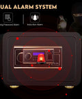 Fireproof Safe With Biometric Access, Waterproof 1.4 Cubic Foot Electronic Digital Security Safe For Home Office, Quick 0.1 Second Fingerprint Entry, Hidden Touchpad And Key Backup, Includes Fireproof Bag with dual alarm system displayed on screen.