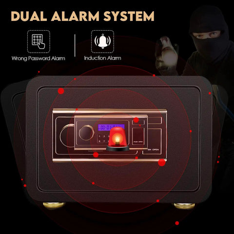 Fireproof Safe With Biometric Access, Waterproof 1.4 Cubic Foot Electronic Digital Security Safe For Home Office, Quick 0.1 Second Fingerprint Entry, Hidden Touchpad And Key Backup, Includes Fireproof Bag with dual alarm system displayed on screen.