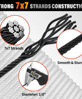 Black T316 Stainless Steel Cable for Railing, One Eighth Inch Wire Rope, 7x7 strand and diameter shown with caliper
