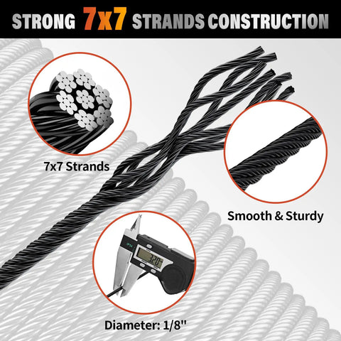 Black T316 Stainless Steel Cable for Railing, One Eighth Inch Wire Rope, 7x7 strand and diameter shown with caliper