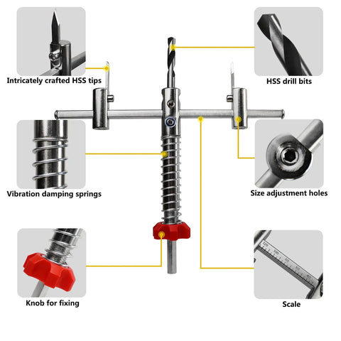 Adjustable Hole Saw Cutter Kit From One And Five Eighths Inch To Eight Inches With Twin Blade and ABS Dust Shield, displayed parts