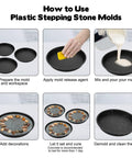 Steps showing how to use Three Size Round Stepping Stone Molds For Concrete Or Garden Path DIY Outdoor Walkway Kit In 8.86 Inch 10 Inch And 11.22 Inch Sizes Reusable Molds For Stained Glass And Cement Art.