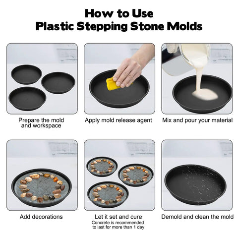 Steps showing how to use Three Size Round Stepping Stone Molds For Concrete Or Garden Path DIY Outdoor Walkway Kit In 8.86 Inch 10 Inch And 11.22 Inch Sizes Reusable Molds For Stained Glass And Cement Art.