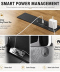 Smart power management features of Built Slick Electric Double Standing Desk, including desktop power box and cable routing.
