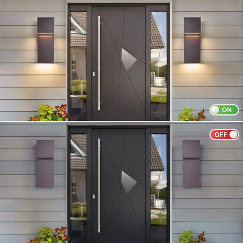 Sleek Outdoor Indoor LED Wall Sconce With Two Lights, 17W Total, Bronze Finish, installed on a modern front porch wall