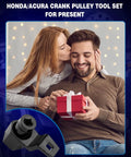 Couple smiling with a gift box, featuring No Nonsense Pro Grade Harmonic Balancer Socket 19mm and 50mm Crank Pulley Wrench Holder Kit.
