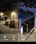 Outdoor view with 12-Pack Low Voltage LED Deck Lights With 5 CCT Settings, illuminating a patio and fence during rain.
