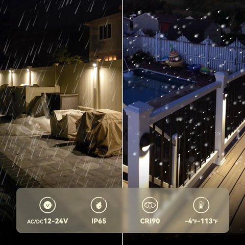 Outdoor view with 12-Pack Low Voltage LED Deck Lights With 5 CCT Settings, illuminating a patio and fence during rain.