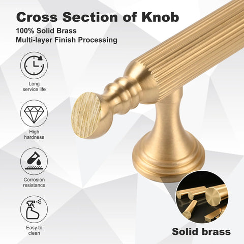 Close-up of Two Pack Solid Brass Cabinet Handles In Gold Finish, showing cross section and durability features.