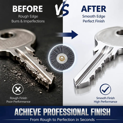 Before and after using Key Deburring Brush For Key Cutting Machines With Crimped Nylon And Stainless Steel Wheel, showing finish improvement.