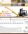 Pro Grade Forklift Telescopic Boom Jib Crane Hoist 4400 Lb Capacity With Smooth Zero Friction 0 To 75 Degree Tilt And Fast Extend 7 To 12 Ft Pallet Fork Attachment showing 12FT boom and weight limits.