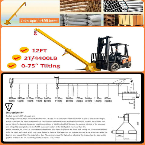 Pro Grade Forklift Telescopic Boom Jib Crane Hoist 4400 Lb Capacity With Smooth Zero Friction 0 To 75 Degree Tilt And Fast Extend 7 To 12 Ft Pallet Fork Attachment showing 12FT boom and weight limits.