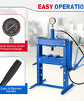 10 Ton Hydraulic Press With Heavy Duty H Frame, Adjustable Worktable And Steel Plate Kit, featuring pressure gauge and handle