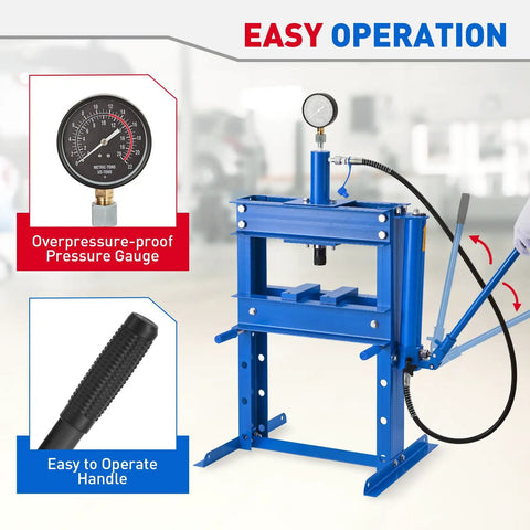 Sweet Heavy Duty 10 Ton Hydraulic Shop Press showing overpressure-proof gauge and easy to operate handle for auto repair.