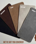 Assorted self-adhesive suede repair patches in black, brown, tan, beige, and gray for upholstery repairs.