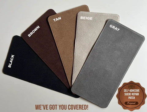 Assorted self-adhesive suede repair patches in black, brown, tan, beige, and gray for upholstery repairs.