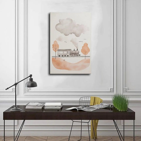 Steam Locomotive Canvas Wall Art Poster For Nursery And Living Room, Minimal Train Decor In Neutral Tones, 12x18 Inch