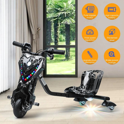 Rad Electric Crazy Drift Cart for Kids Big Wheel Drift Trike 12V Ride On Car With Swivel Steering Slide Seat 360 Degree Drifting Adjustable Size for Growing Riders Strong Steel Frame Black, black drift trike with LED lights