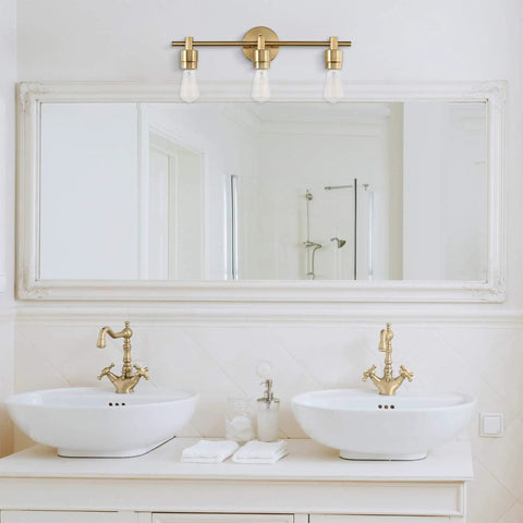 5 Piece Bathroom Accessory Set With 3 Light Vanity Fixture In Matte Brass Finish Open Socket Design Towel Bar Towel Ring Robe Hook And Toilet Paper Holder For A Slick Modern Bath Makeover