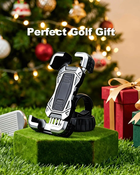 Kick Back And Play With This Hella Secure Golf Push Cart Phone Holder Mount featuring a black and silver design on green turf.