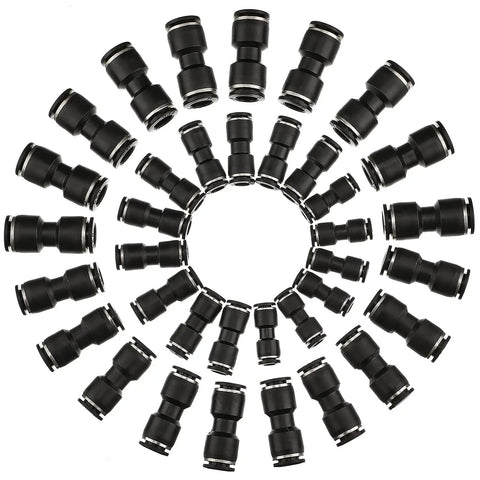 All in One 40 Piece Push to Connect Fittings Kit for Pneumatic Air Lines arranged in a circular pattern, black PU and plastic