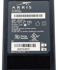 Label on ARRIS AC adapter detailing model, input, output, and efficiency levels.