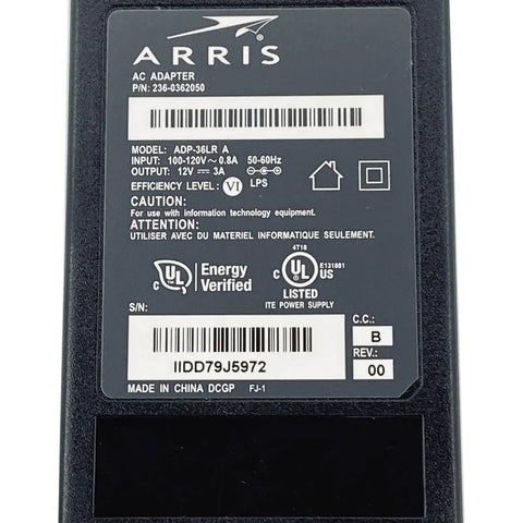 Label on ARRIS AC adapter detailing model, input, output, and efficiency levels.