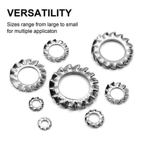 Stainless steel external multi-tooth star lock washers set in 8 sizes (M2.5–M12)
