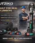 Heavy Duty 18V Cordless Electric Hydraulic Pipe Crimper with Three Jaws and Badass 32KN Force, displayed with tools and batteries.