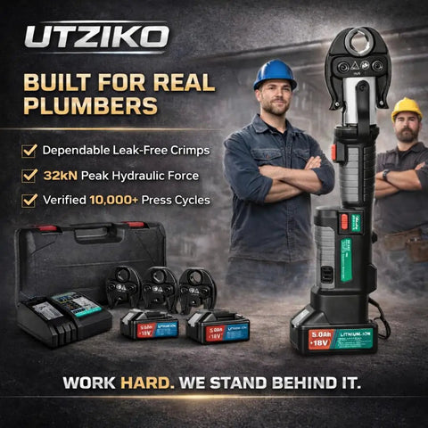 Heavy Duty 18V Cordless Electric Hydraulic Pipe Crimper with Three Jaws and Badass 32KN Force, displayed with tools and batteries.