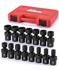 Beefy Fifteen Piece Half Inch Drive Shallow Universal Impact Socket Set With Flexible Wobble Swivel in front of red case
