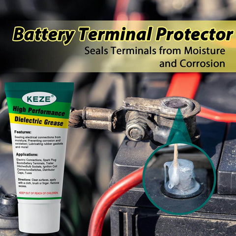 Dielectric Grease For Electrical Connectors And Spark Plug Boots Automotive And Marine Battery Terminals Shield Moisture Salt Dirt Inhibitor Corrosion Protection Lubricant 1 Oz 1 Pack tube next to car battery terminal application.