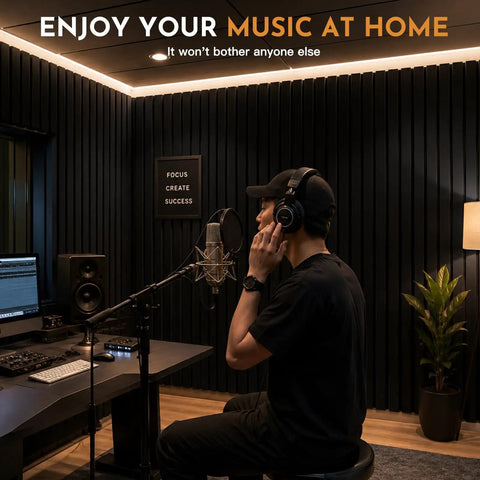 Premium Acoustic Foam Panels 4 Pack 48 By 24 By 2 Inch High Density Soundproof Wall Tiles in a home recording studio.
