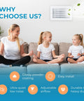 Family sitting on a couch near vent deflector for 10 by 6 inch duct opening white wall grille with adjustable front blades.