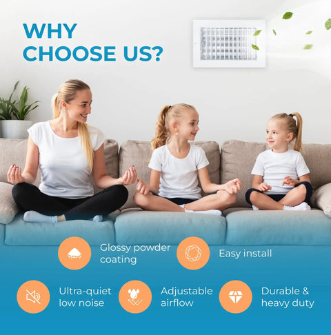 Family sitting on a couch near vent deflector for 10 by 6 inch duct opening white wall grille with adjustable front blades.