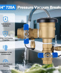 3/4-inch brass pressure vacuum breaker backflow preventer for lawn irrigation with blue valve handles