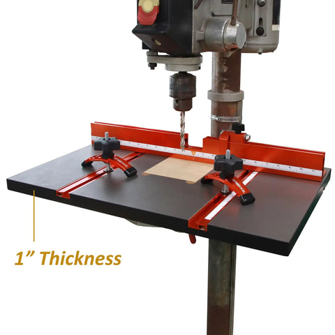 Drill Press Table With Adjustable Aluminum Fence, Flip Stop, And Replaceable Insert for 12 Inch and larger drills, MDF surface