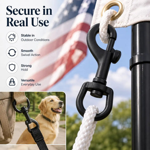 Heavy Duty Black Zinc Alloy Flag Hooks With Swivel Eye Bolt Snap Clasps secure flag rope outdoors with sturdy swivel snap.