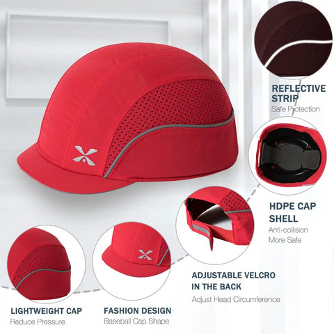 Front view of Lightweight Safety Bump Cap Baseball Style With Removable ABS Shell And Foam Padding, DWR Treated 100 Percent Polyester, Red Micro Brim.