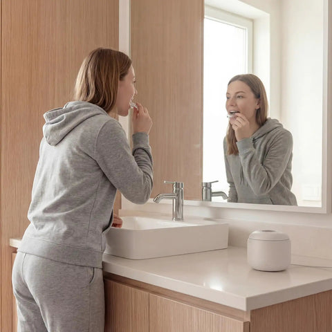 Woman using Ultrasonic Retainer Cleaner Machine With 44kHz Wave Action Deep Clean for night guards on bathroom counter