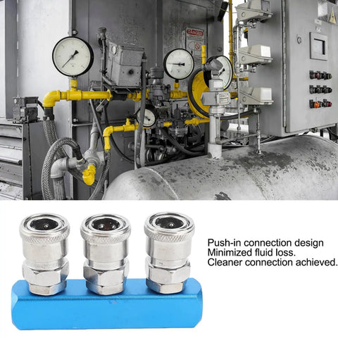Industrial setup with push in connection design C type air compressor quick connector on blue base, close-up view