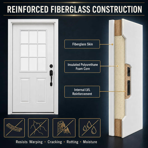32 By 80 Inch White Primed Fiberglass Front Entry Door Slab with smooth texture and clear low E glass exterior view.