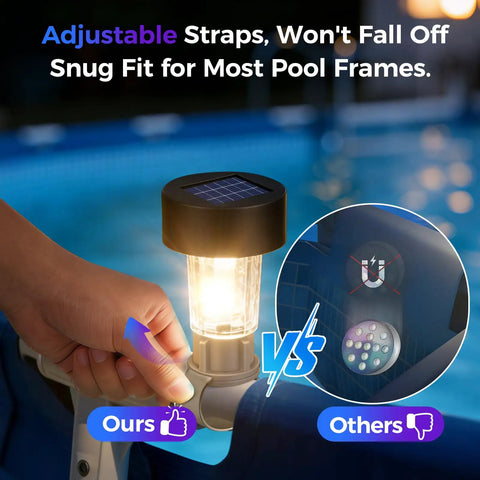A person adjusting a strap on a solar pool light attached to a framed above-ground pool, with glowing light showing easy install.
