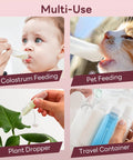 Mom Life Savior Colostrum Collector Kit 5 Ml 6 Piece Pack showing multiple uses: feeding baby, pet, plant dropper, and travel container.